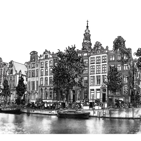 Pen Tekening Amsterdam Panorama Kloveniersburgwal