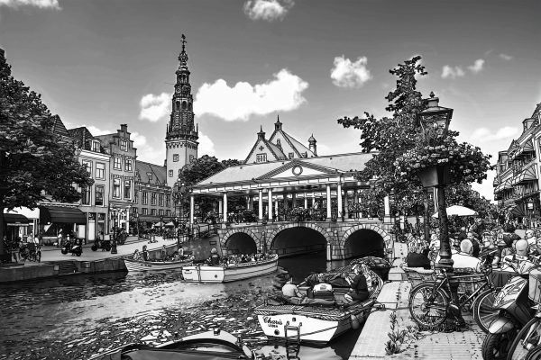 Tekening Stadhuis en Kroonbrug Leiden Nederland