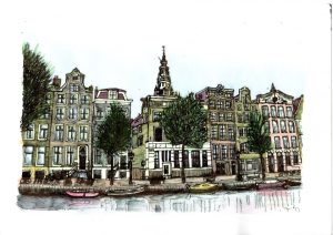 ACRAMS22296 Kloveniersburgwal Amsterdam Acryl Watercolor Painting