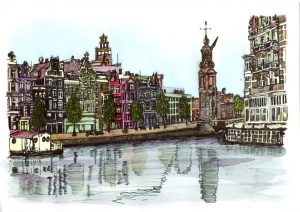 ACRAMS22372 Munttoren Amstel Amsterdam Acryl Watercolor Painting