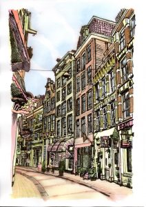 ACRAMS22393 Warmoestraat Amsterdam Acryl Watercolor Painting
