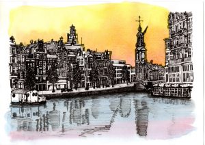 ACRAMS2160 Munttoren Amstel Amsterdam Acryl Watercolor Painting