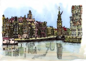 ACRAMS22365 Munttoren Amstel Amsterdam Acryl Watercolor Painting