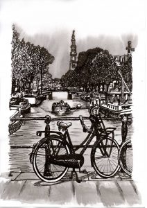 ACRAMS22416 Black & White Prinsengracht Amsterdam Acryl Watercolor Painting