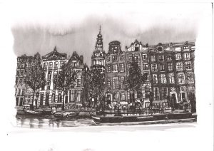 ACRAMS22256 Kloveniersburgwal Amsterdam Acryl Watercolor Black & White Painting