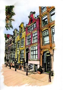 ACRAMS22397 Kloveniersburgwal Amsterdam Acryl Watercolor Painting