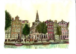 ACRAMS22299 Kloveniersburgwal Amsterdam Acryl Watercolor Painting