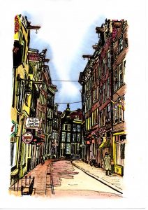 ACRAMS2310 Zeedijk Amsterdam Acryl Watercolor Painting