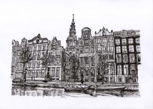 FLD2343 Kloveniersburgwal Amsterdam Fine Line Drawing