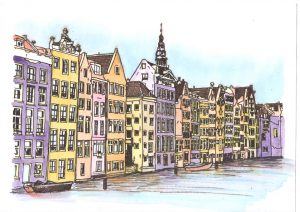 ACRAMS22240 Damrak Amsterdam Acryl Watercolor Painting