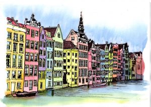 ACRAMS2322 Damrak Amsterdam Acryl Watercolor Painting