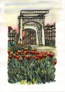 ACRAMS2349 Magere Brug Tulips Amsterdam Acryl Watercolor Painting