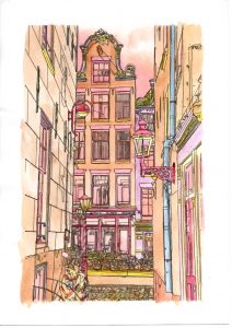 ACRAMS2334 Red Light District Amsterdam Acryl Watercolor Painting