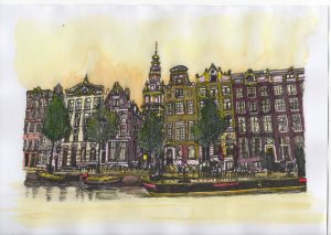 ACRAMS23102 Kloveniersburgwal Amsterdam Acryl Watercolor Painting
