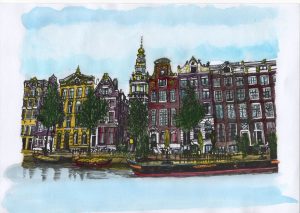 ACRAMS23113 Kloveniersburgwal Amsterdam Acryl Watercolor Painting