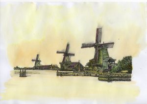 ACRAMS2375 Zaanse Schans Holland Acryl Watercolor Painting