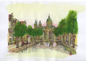 ACRAMS2380 Oudezijds Voorburgwal Amsterdam Acryl Watercolor Painting