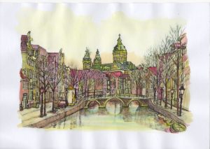 ACRAMS2395 Oudezijds Voorburgwal Amsterdam Acryl Watercolor Painting