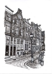 FLDAMS2314 Inner city Amsterdam Fine Line Drawing