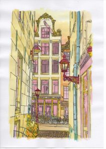 ACRAMS23107 Red Light District Amsterdam Acryl Watercolor Painting