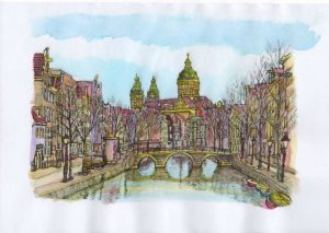 ACRAMS23124 Oudezijds Voorburgwal Amsterdam Acryl Watercolor Painting
