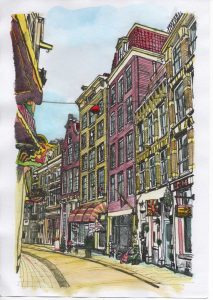 ACRAMS23126 Warmoesstraat Amsterdam Acryl Watercolor Painting