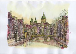 ACRAMS23142 Oudezijds Voorburgwal Amsterdam Acryl Watercolor Painting