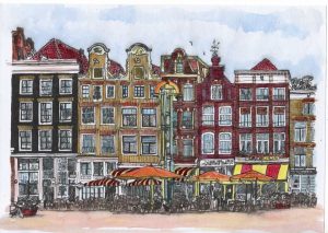 ACRAMS23147 Nieuwmarkt Amsterdam Acryl Watercolor Painting
