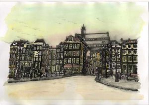 ACRAMS2339 Kloveniersburgwal Staalstraat Amsterdam Acryl Watercolor Painting