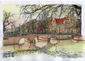 ACRAMS2358 Brouwersgracht Amsterdam Acryl Watercolor Painting