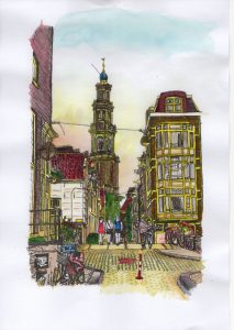 ACRAMS2383 Eerste Leliedwarsstraat Amsterdam Acryl Watercolor Painting