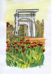 ACRAMS2387 Skinny Bridge Tulips Amsterdam Acryl Watercolor Painting