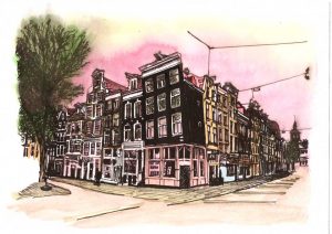 ACRAMS22181 Damstraat Amsterdam Acryl Watercolor Painting