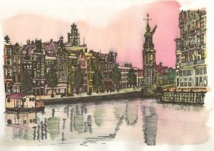 ACRAMS22435 Munttoren Amstel Amsterdam Acryl Watercolor Painting