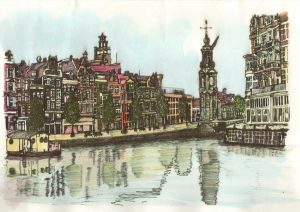 ACRAMS22436 Munttoren Amstel Amsterdam Acryl Watercolor Painting
