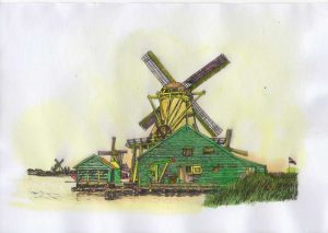 ACRAMS23130 Zaanse Schans Holland Acryl Watercolor Painting