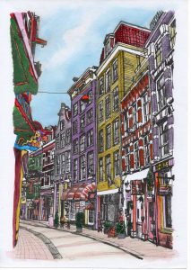 ACRAMS23154 Warmoesstraat Amsterdam Acryl Watercolor Painting