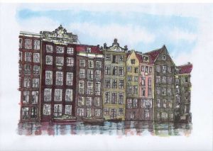ACRAMS23188 Damrak Amsterdam Acryl Watercolor Painting