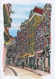 ACRAMS23194 Warmoesstraat Amsterdam Acryl Watercolor Painting