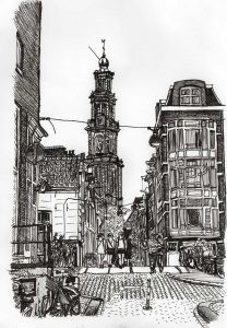 FLDAMS2202 Leliedwarsstraat Westertoren Amsterdam Fine Line Drawing