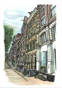 ACRAMS22177 Inner City Amsterdam Acryl Watercolor Painting