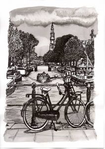 ACRAMS2224 Prinsengracht Amsterdam Acryl Watercolor Painting