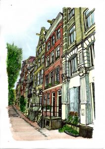 ACRAMS22279 Inner City Amsterdam Acryl Watercolor Painting