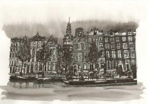 ACRAMS22439 Kloveniersburgwal Amsterdam Acryl Watercolor Painting Black & White