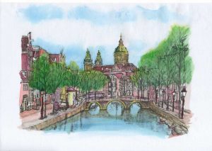 ACRAMS23197 Oudezijds Voorburgwal Amsterdam Acryl Watercolor Painting