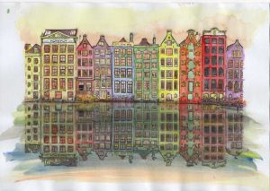 ACRAMS2362 Damrak Amsterdam Acryl Watercolor Painting