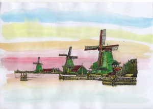 ACRAMS2376 Zaanse Schans Holland Acryl Watercolor Painting