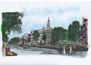ACRAMS23152 Kloveniersburgwal Amsterdam Acryl Watercolor Painting