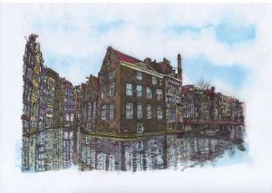ACRAMS23191 Voor-Achterburgwal Amsterdam Acryl Watercolor Painting