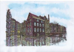 ACRAMS23204 Voor-Achterburgwal Amsterdam Acryl Watercolor Painting